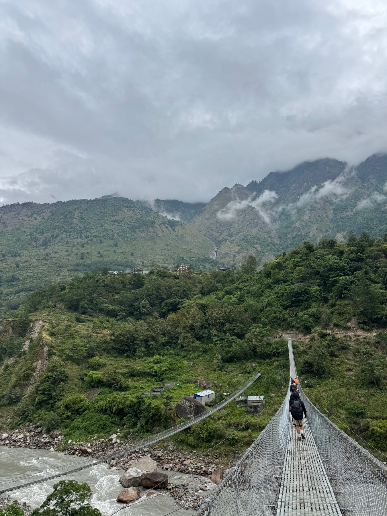Looking down the suspension bridge.