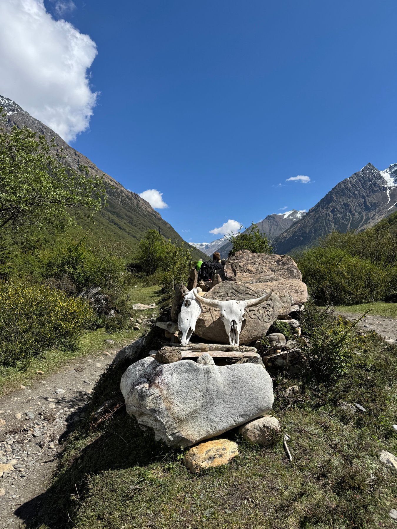 Carved stones beside the trail.