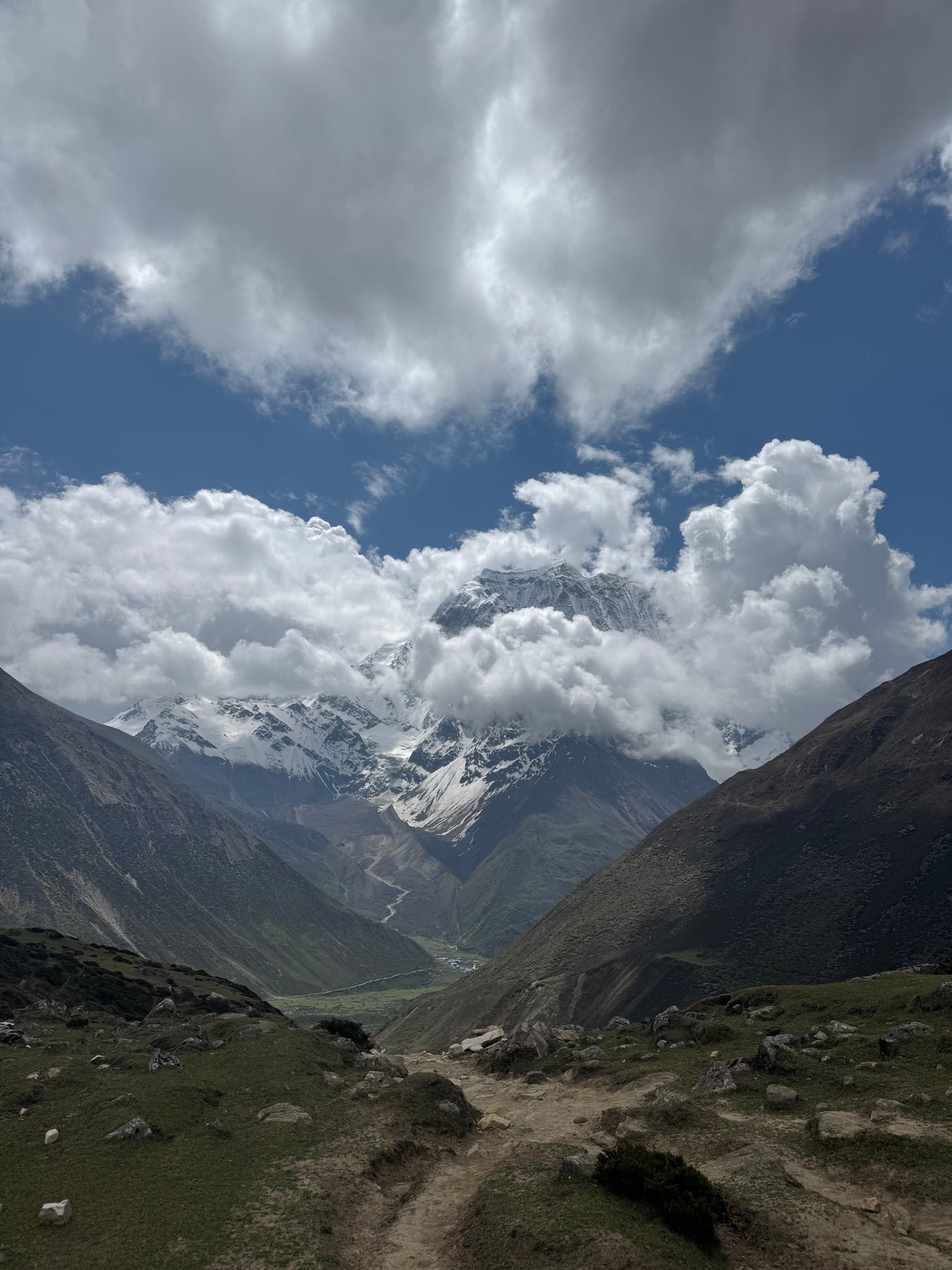 Walking toward the high mountains.