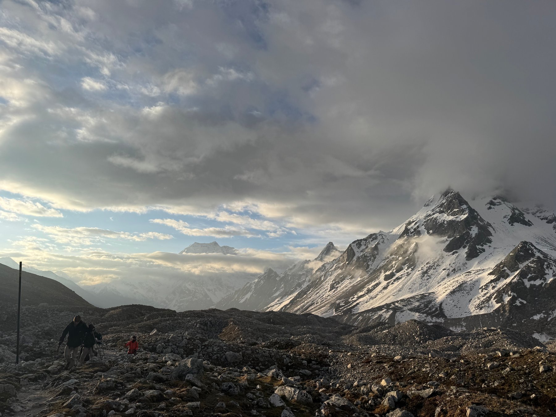Morning light over the snow-covered mountains.